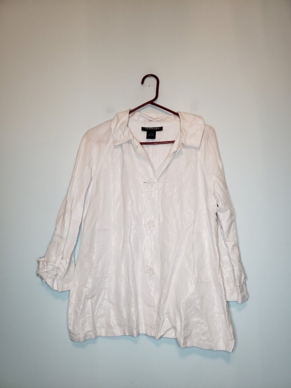 T&W Designs Womens L Jacket Top White  Shimmer Linen Rayon Blend Business Office
